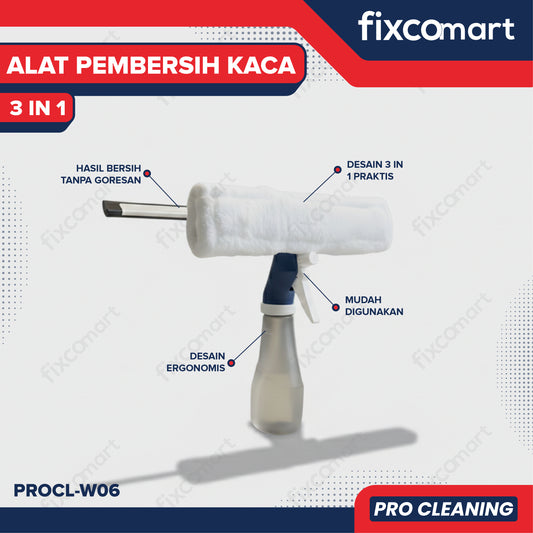 Fixcomart Alat Pembersih Kaca 3 in 1 Spray Glass Cleaning Brush - Pembersih Kaca 3 in 1 Spray Mop Squeegee Multifungsi PROCL-W06