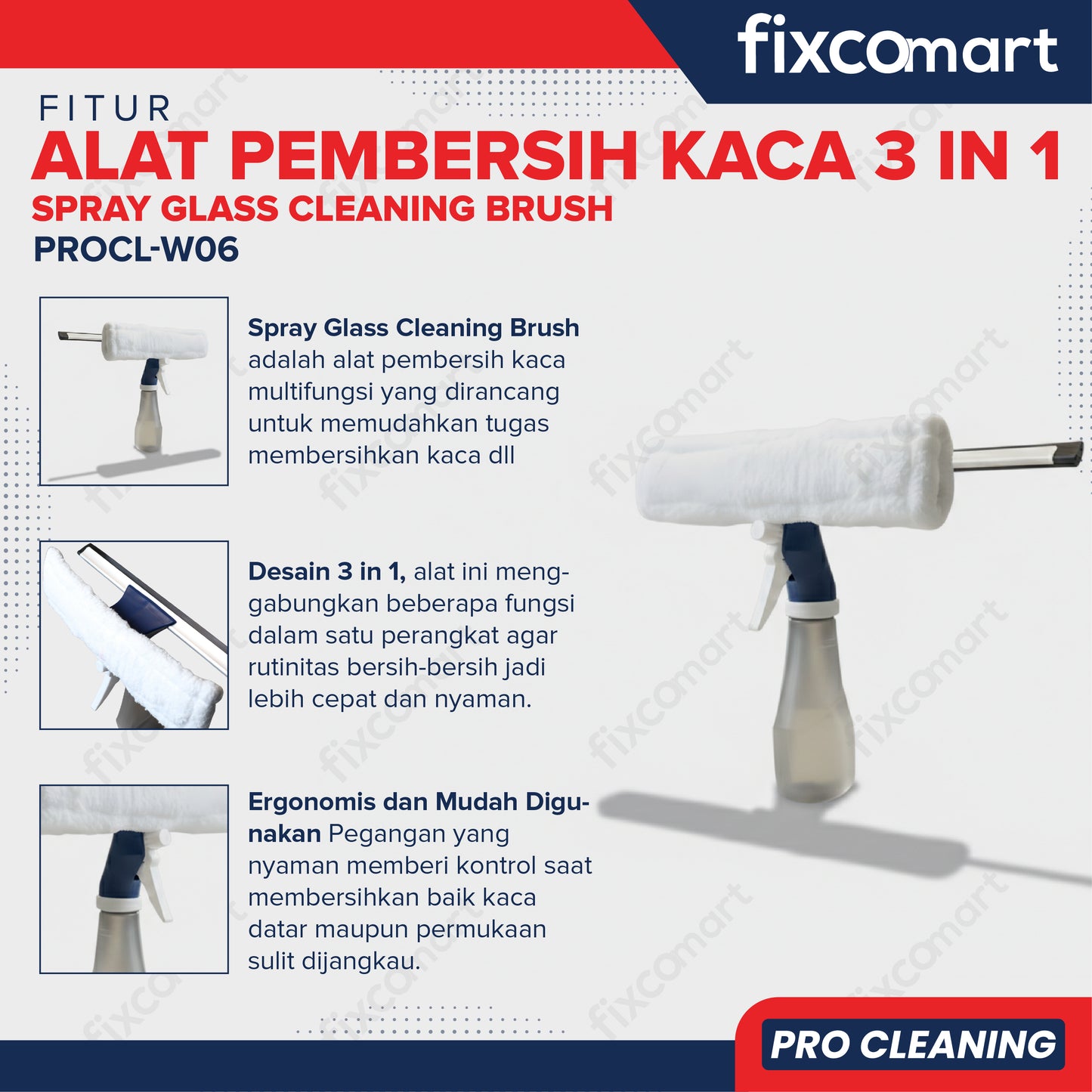 Fixcomart Alat Pembersih Kaca 3 in 1 Spray Glass Cleaning Brush - Pembersih Kaca 3 in 1 Spray Mop Squeegee Multifungsi PROCL-W06