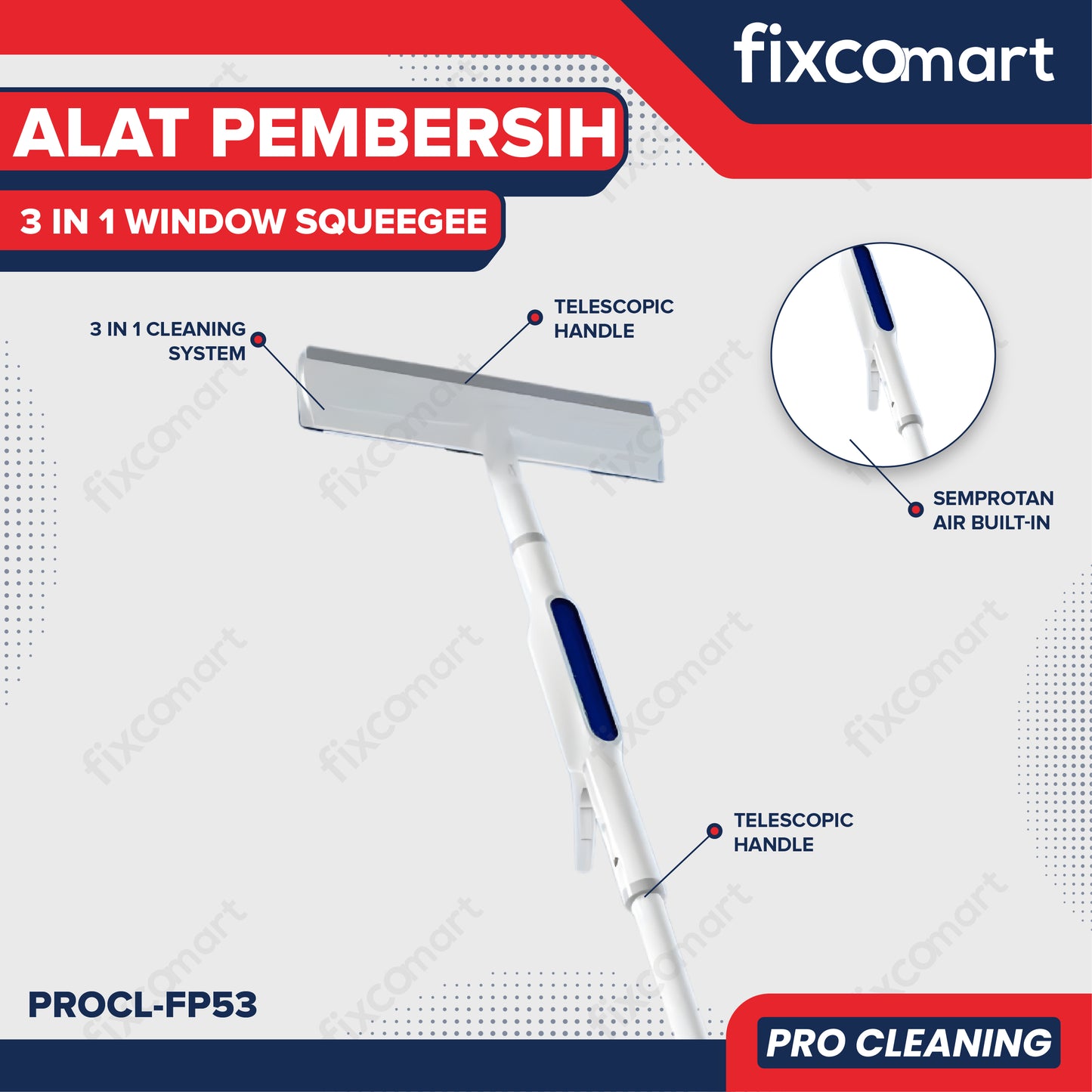 Fixcomart Alat Pembersih Kaca 3 in 1 Window Squeegee Telescopic - Alat Pel Kaca Semprotan Air Telescopic PROCL-FP53