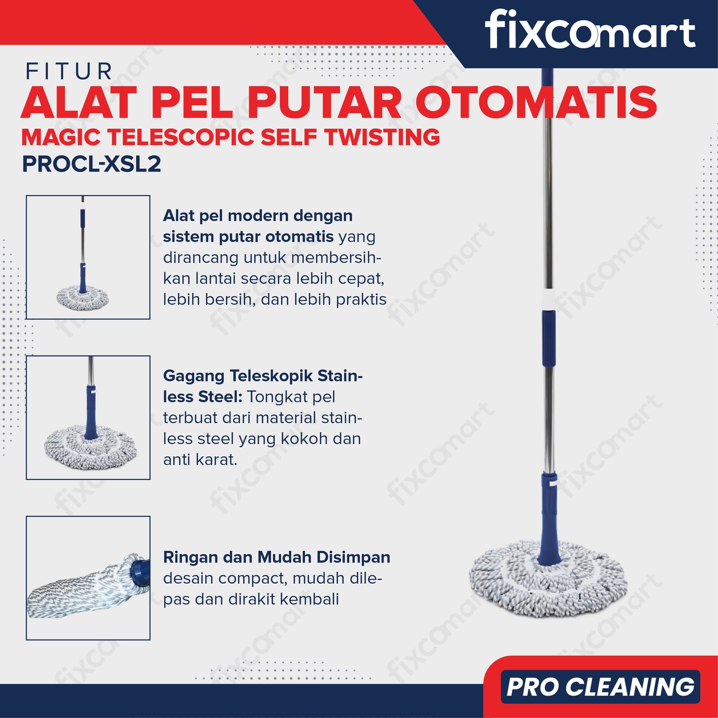 Fixcomart Pro Cleaning Alat Pel Putar Otomatis Magic Telescopic Self Twisting  - Alat Pel Lantai Putar Otomatis Magic Mop Stainless Steel