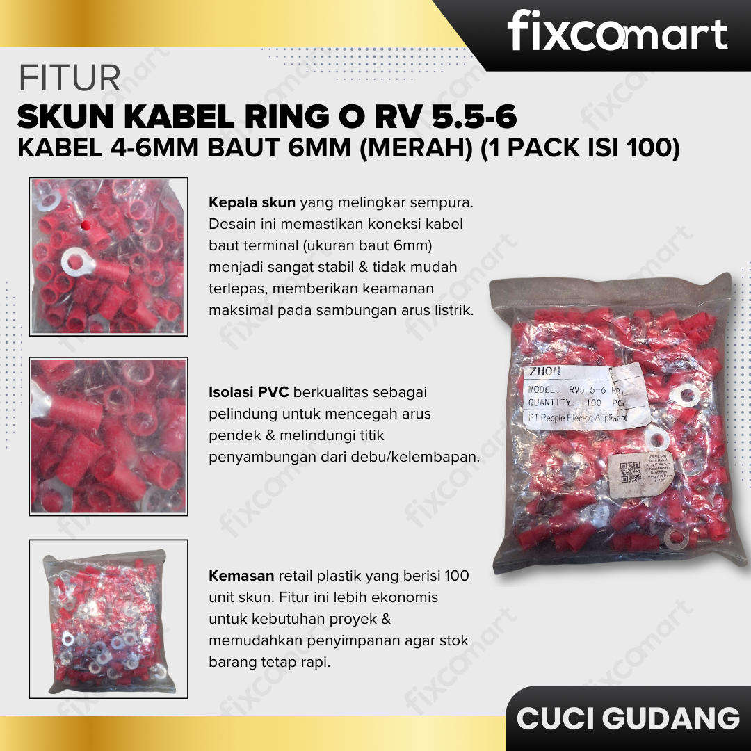 GARAGE SALE-Skun Kabel Ring O RV 5.5-6 Kabel 4-6mm Baut 6mm (Merah) (1 Pack isi 100)