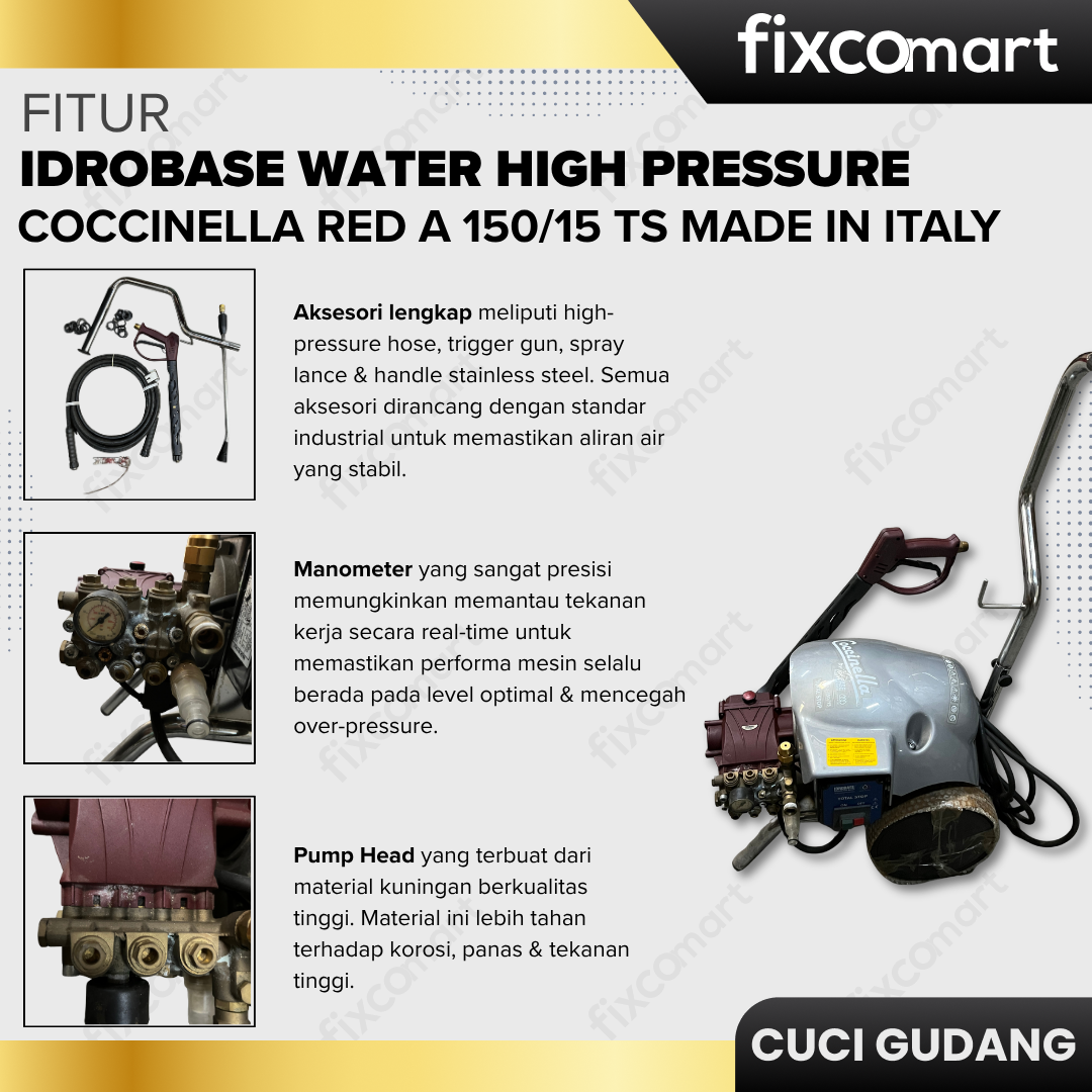 GARAGE SALE-Idrobase Water High Pressure COCCINELLA RED A 150/15 TS (150 bar) Made in Italy