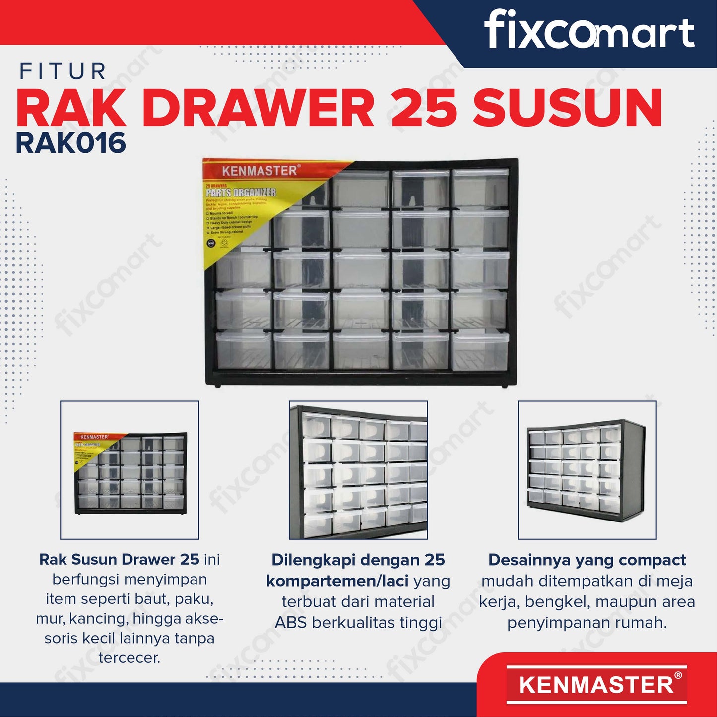 Kenmaster Rak Drawer 25 Susun - Kotak Penyimpanan Partisi Baut Paku Komponen Tools