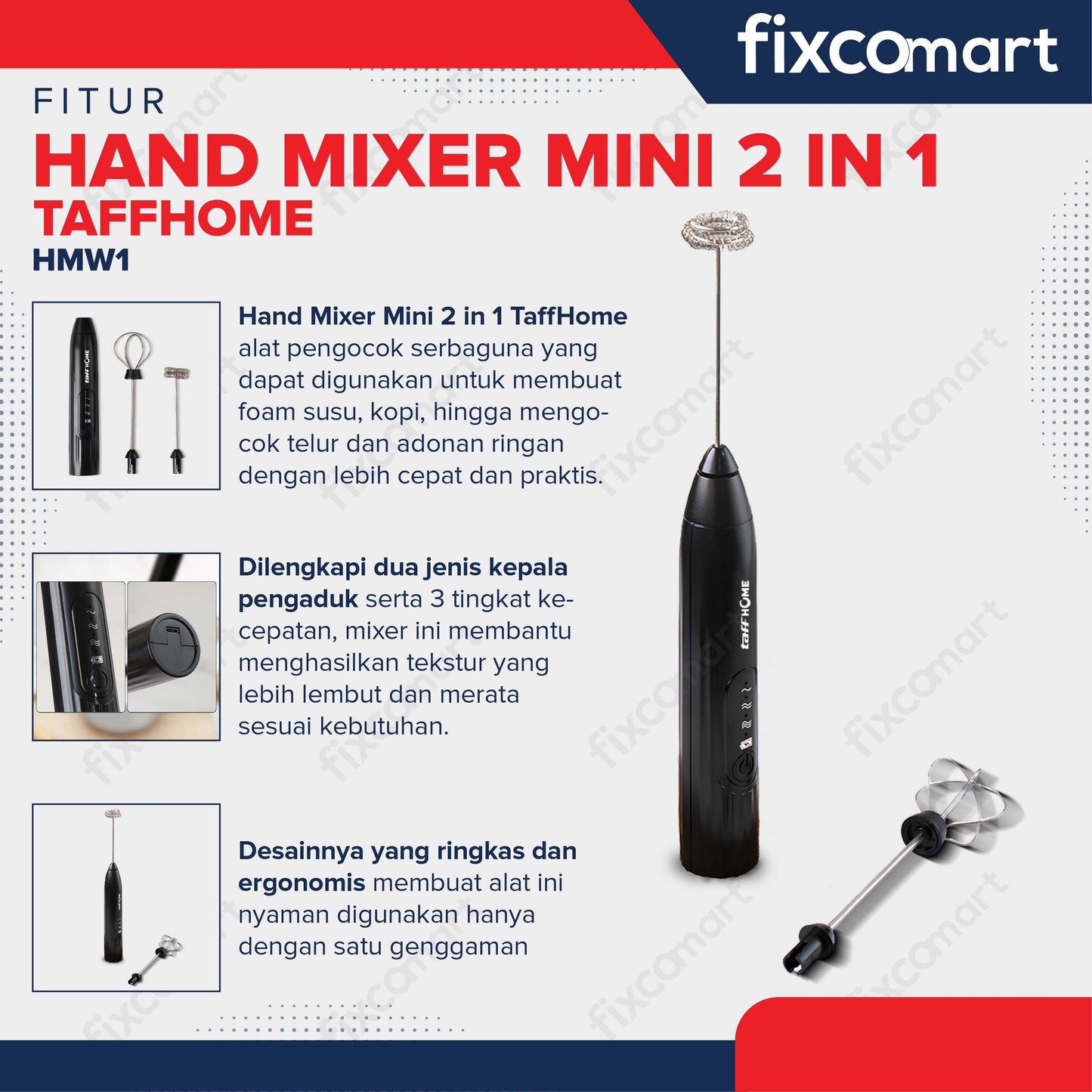TaffHOME Hand Mixer Mini 2 in 1 Pengocok Telur Milk Frother