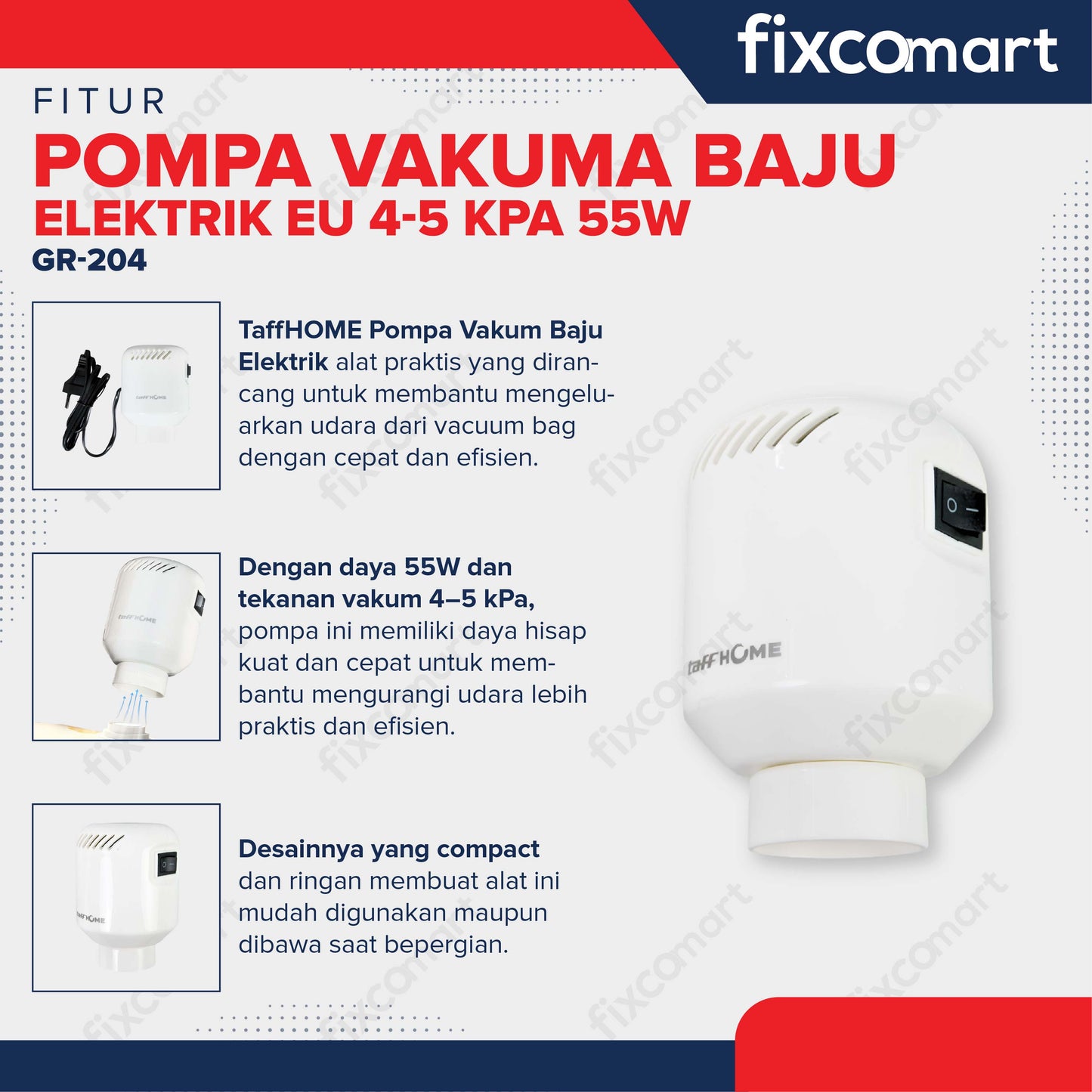 TaffHOME Pompa Vakum Baju Elektrik Vacuum Bag Pump EU 4-5 kPa 55W