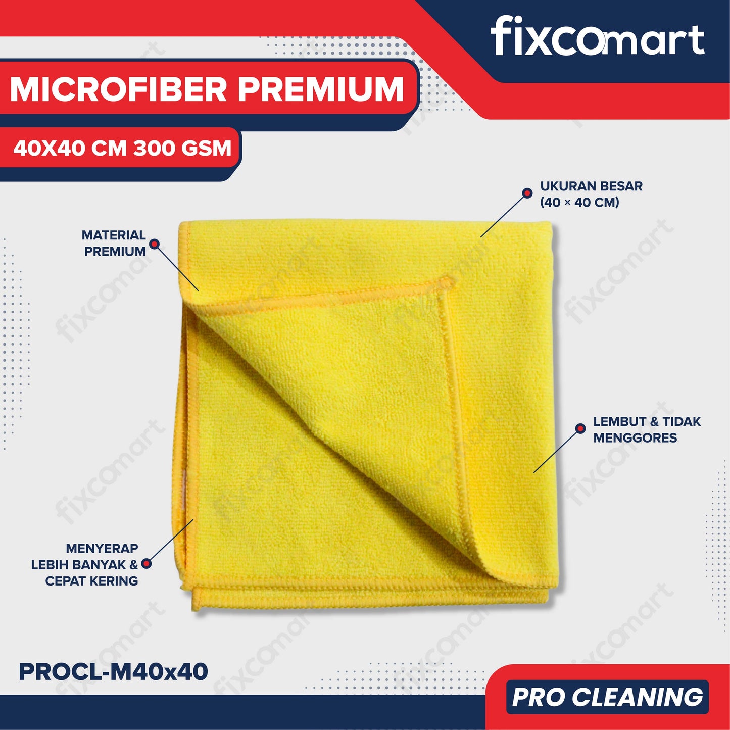 FIXCOMART Pro Cleaning Microfiber Premium 40x40 cm 300 GSM - Kuning