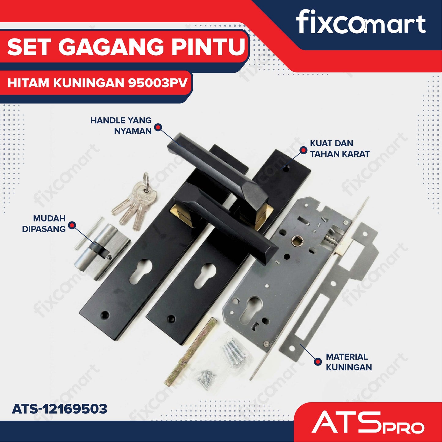 ATS Pro Gagang Body Kunci Pintu Kuningan Set Besar HITAM CYL. KUNINGAN 95003PV