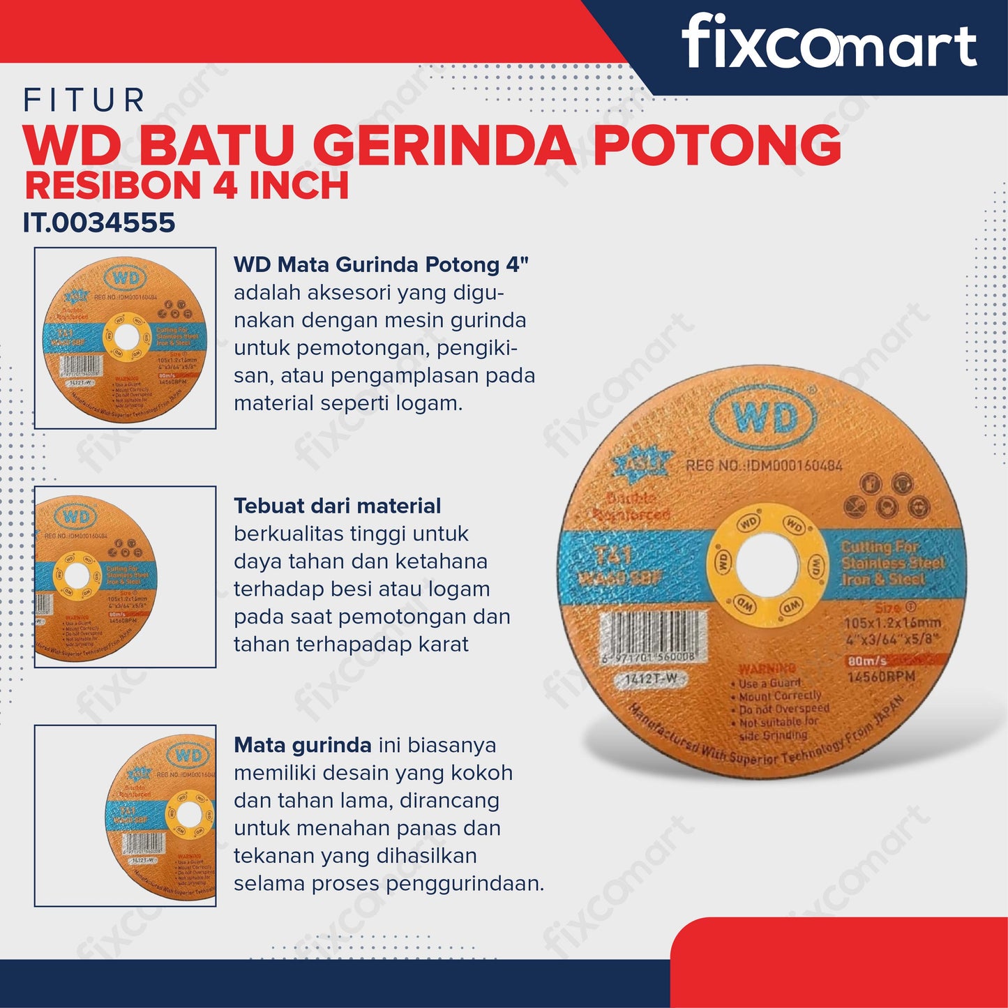 WD Batu Gerinda Potong Resibon 4 inch 105 x 1.2 x 16 MM