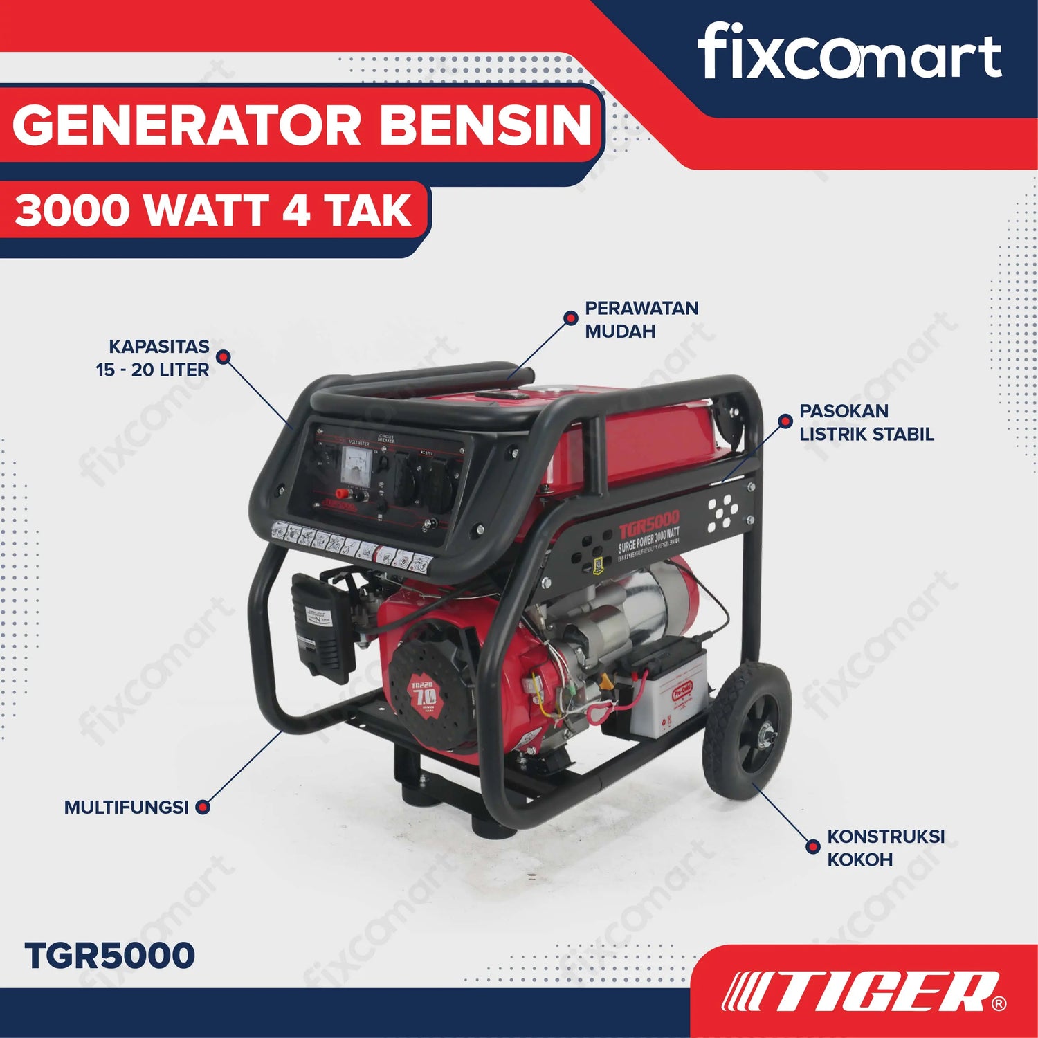 TIGER Genset TGR5000 3000W TGR 5000 Power Generator Bensin 3000 Watt 4 Tak FIXCOMART