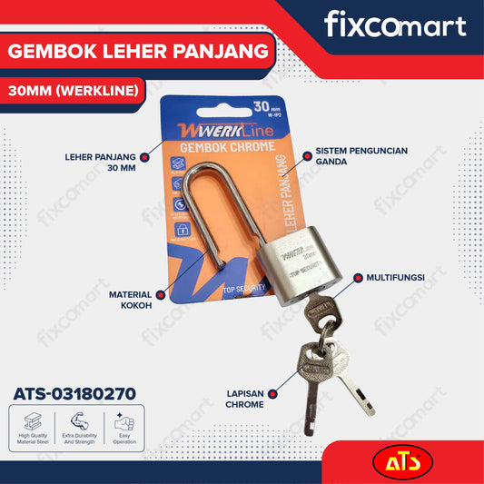 Gembok Werkline Leher Panjang 30mm Chrome Double Protected Top Security FIXCOMART