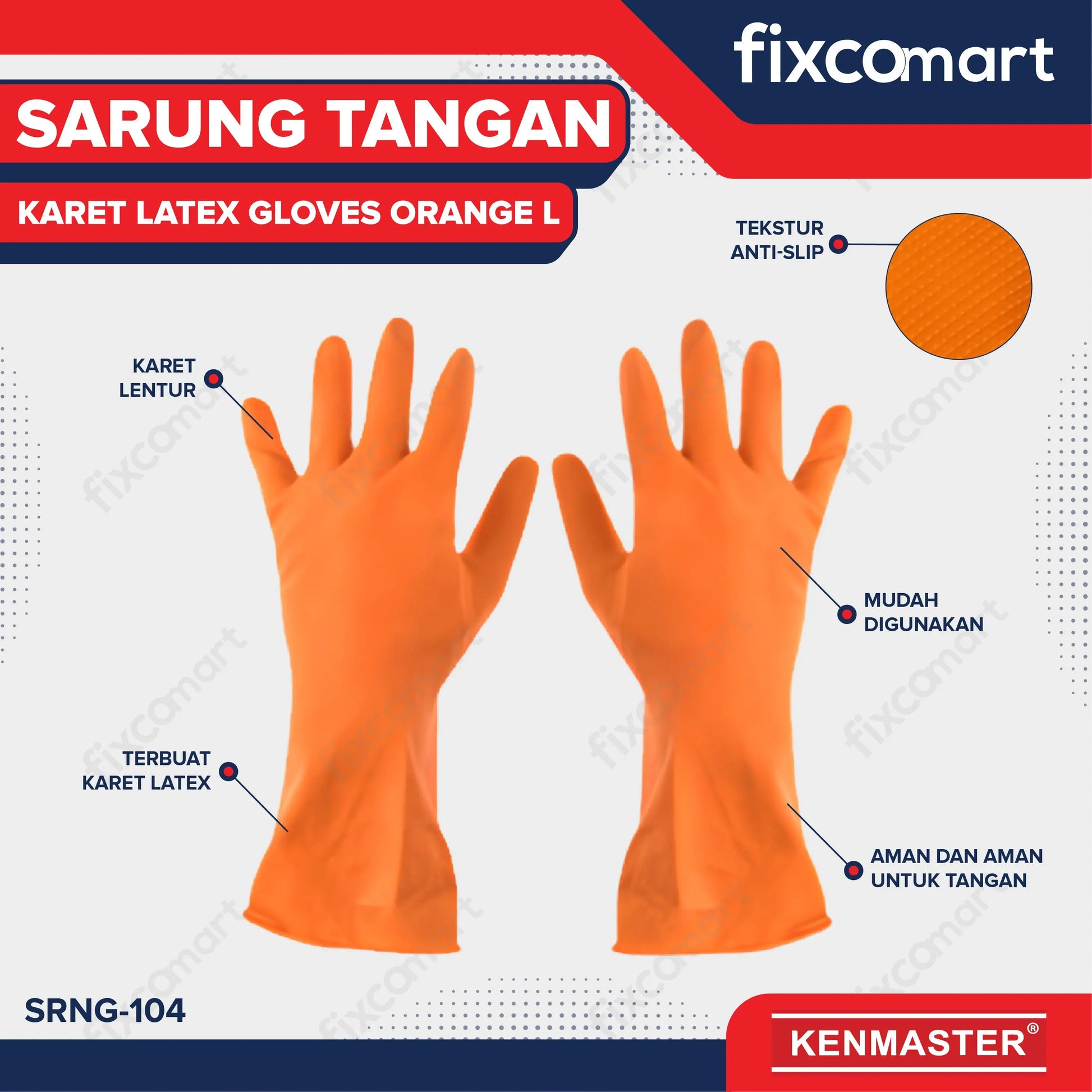 Kenmaster Sarung Tangan Karet Latex Gloves Orange L FIXCOMART