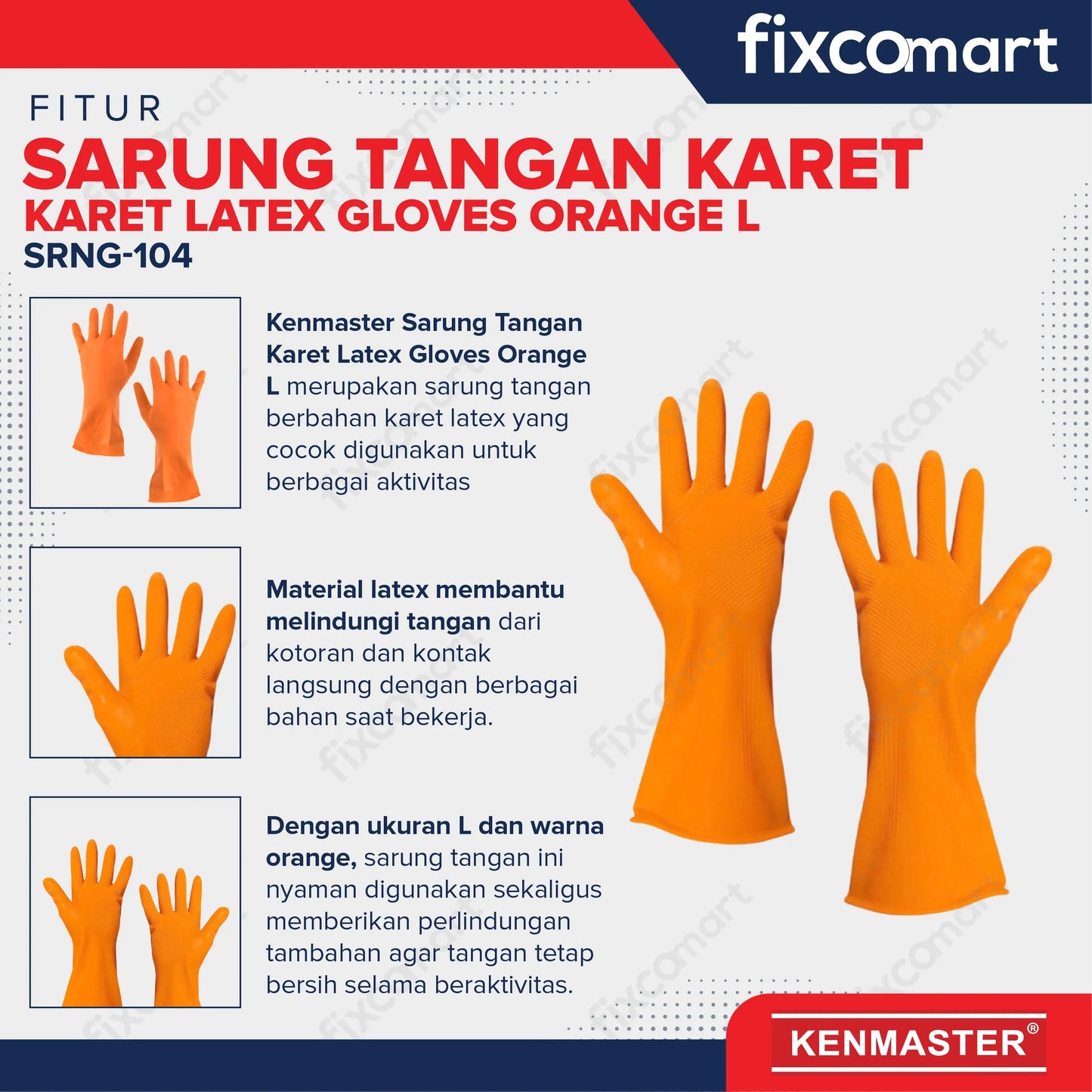 Kenmaster Sarung Tangan Karet Latex Gloves Orange L FIXCOMART