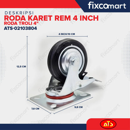 Roda Karet Rem 4 Inch Roda Troli 4" FIXCOMART