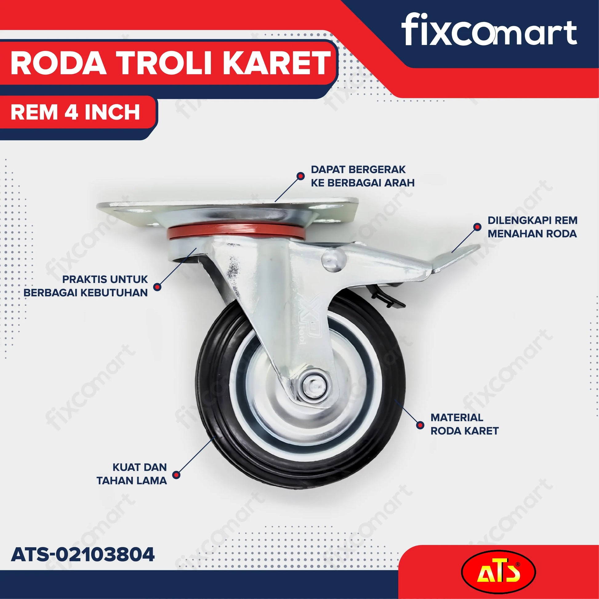 Roda Karet Rem 4 Inch Roda Troli 4" FIXCOMART