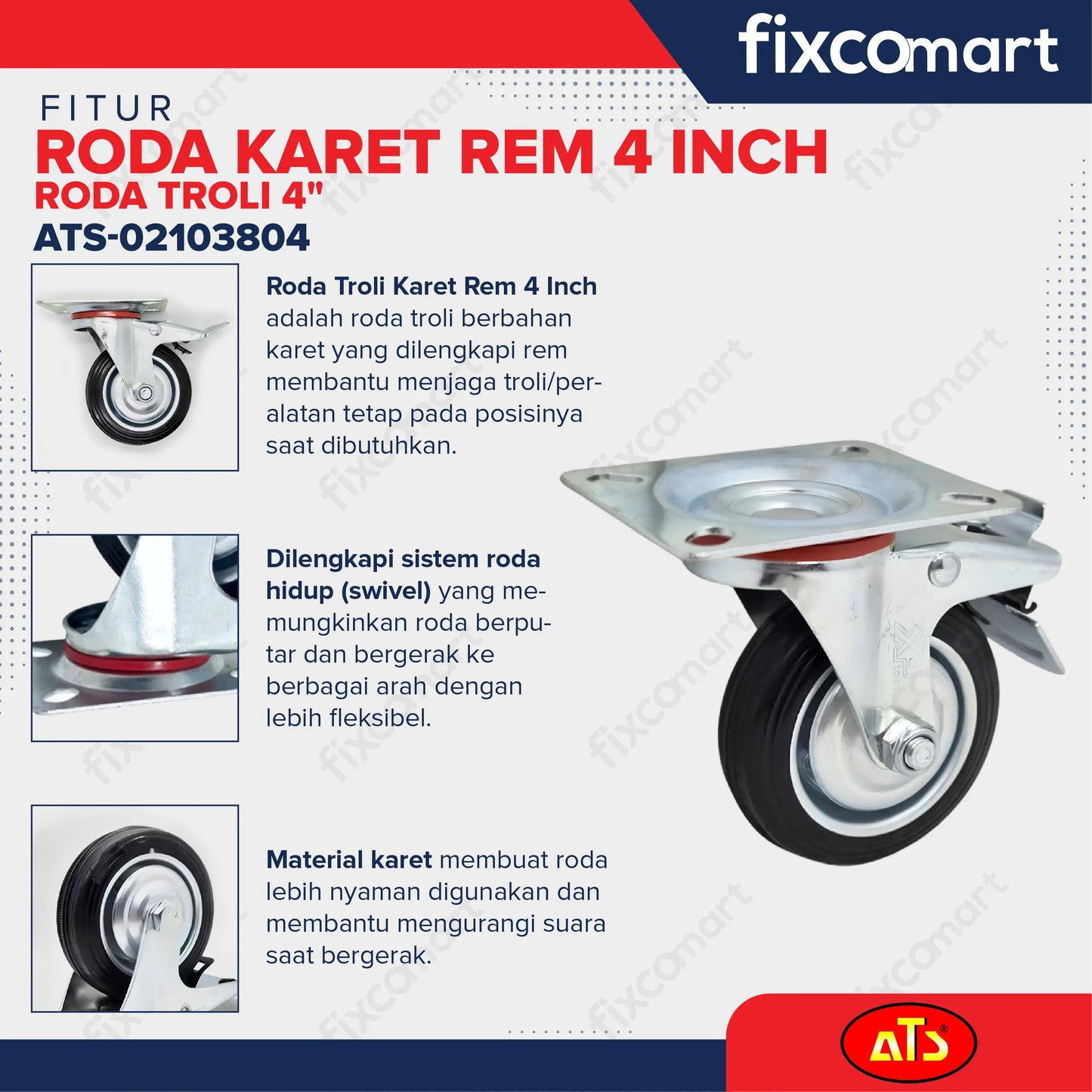 Roda Karet Rem 4 Inch Roda Troli 4" FIXCOMART