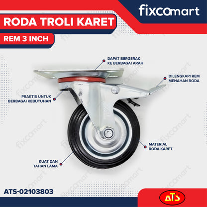 Roda Karet Rem 3 Inch Roda Troli 3"