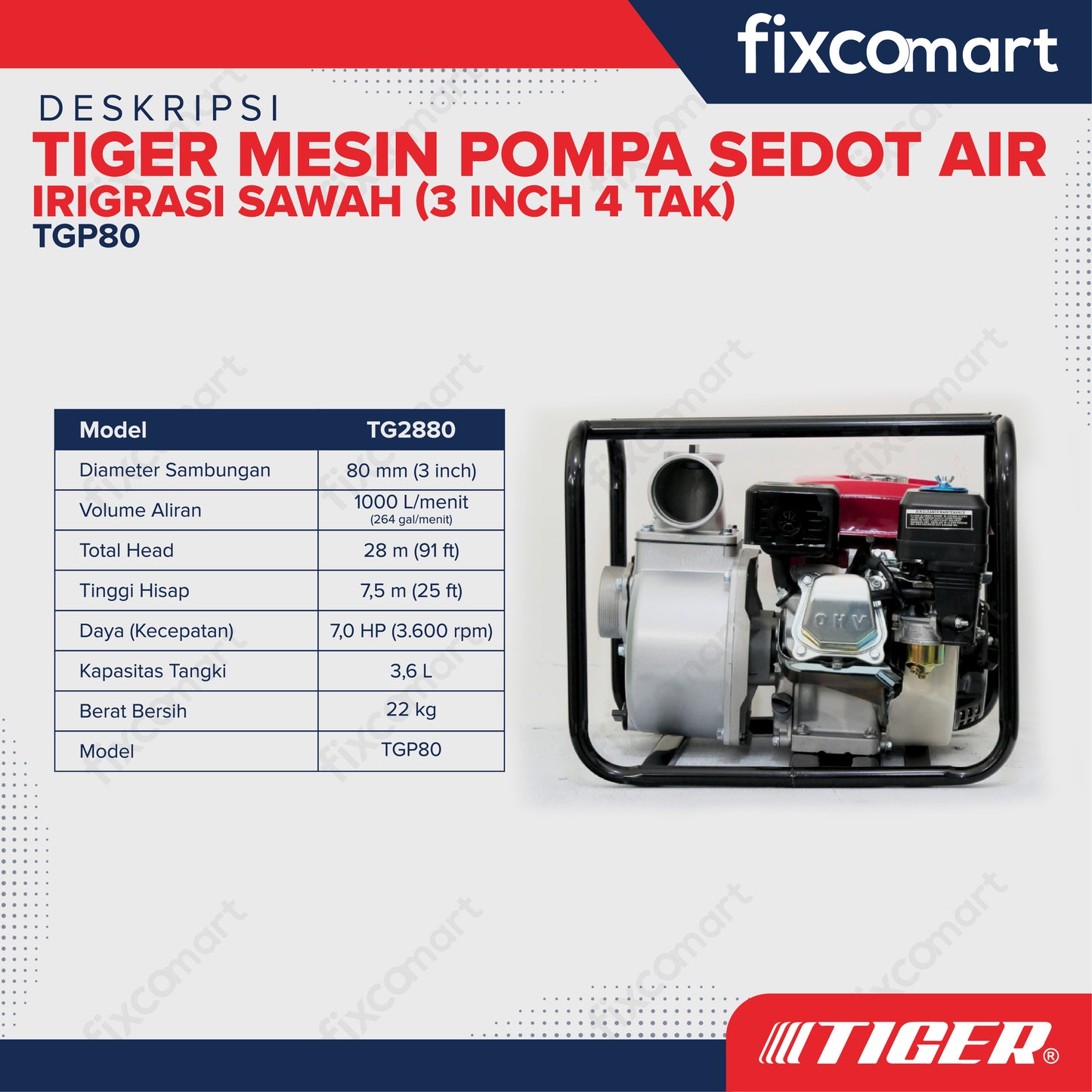 TIGER Waterpump TGP80 3 Inch 4 TAK / Mesin Pompa Sedot Air Irigrasi Sawah