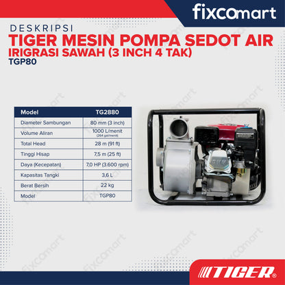 TIGER Waterpump TGP80 3 Inch 4 TAK / Mesin Pompa Sedot Air Irigrasi Sawah