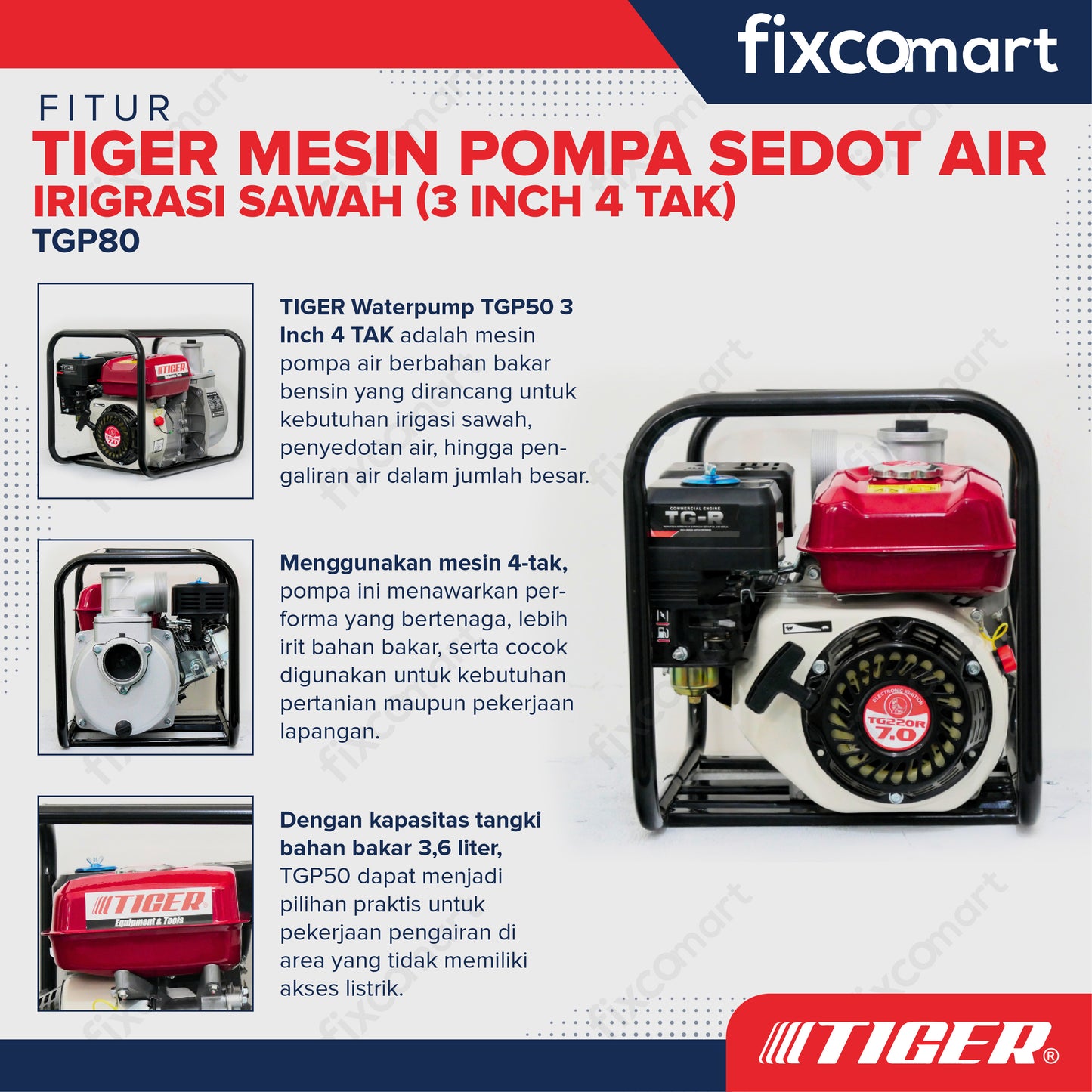 TIGER Waterpump TGP80 3 Inch 4 TAK / Mesin Pompa Sedot Air Irigrasi Sawah