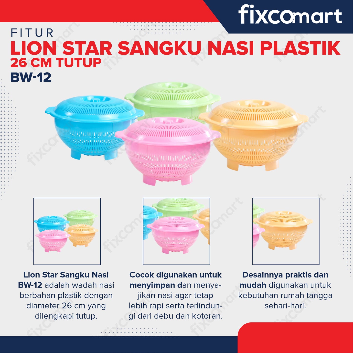Lion Star Sangku Nasi Plastik 26 cm Tutup BW-12
