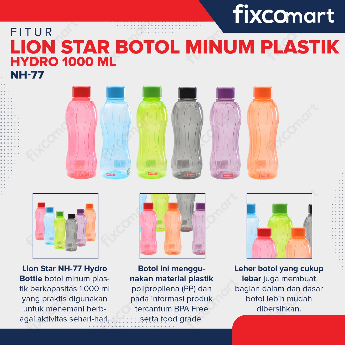 Lion Star Botol Minum Plastik Hydro 1000 ml NH-77 Drink Bottle