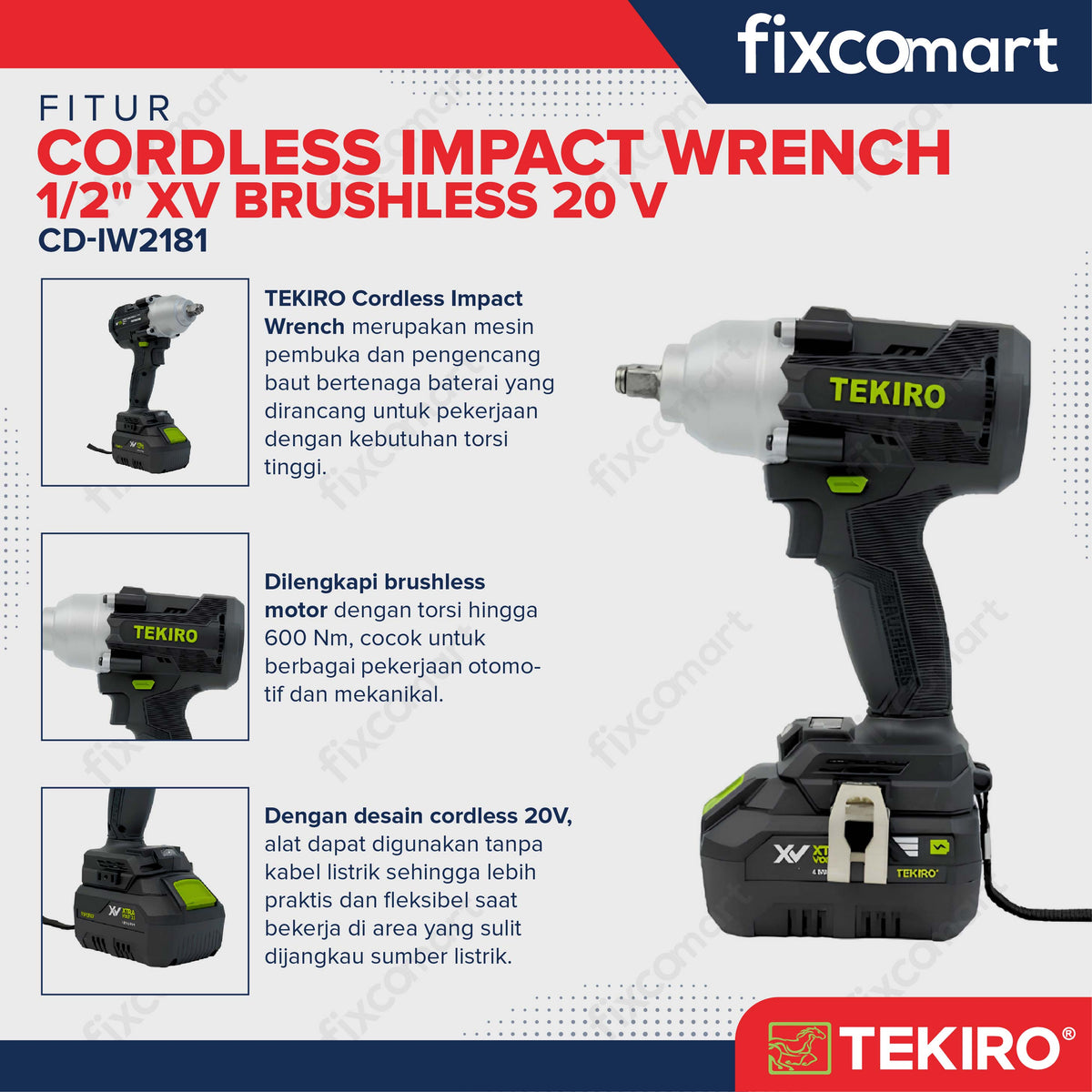Tekiro Cordless Impact Wrench 1/2" XV Brushless 20 V Mesin Pembuka Baut Mur