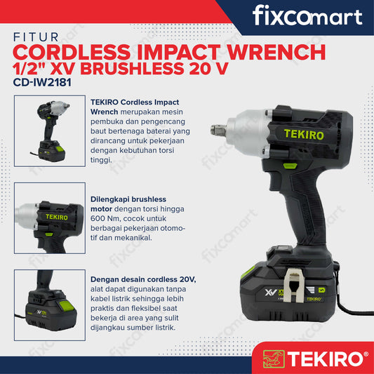 Tekiro Cordless Impact Wrench 1/2" XV Brushless 20 V Mesin Pembuka Baut Mur