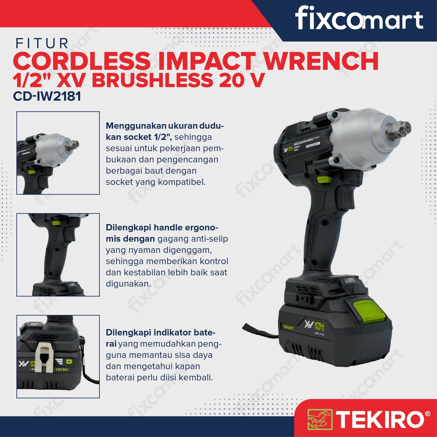 Tekiro Cordless Impact Wrench 1/2" XV Brushless 20 V Mesin Pembuka Baut Mur