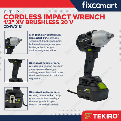 Tekiro Cordless Impact Wrench 1/2" XV Brushless 20 V Mesin Pembuka Baut Mur