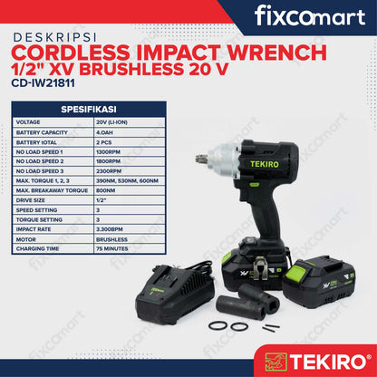 Tekiro Cordless Impact Wrench 1/2" XV Brushless 20 V Mesin Pembuka Baut Mur