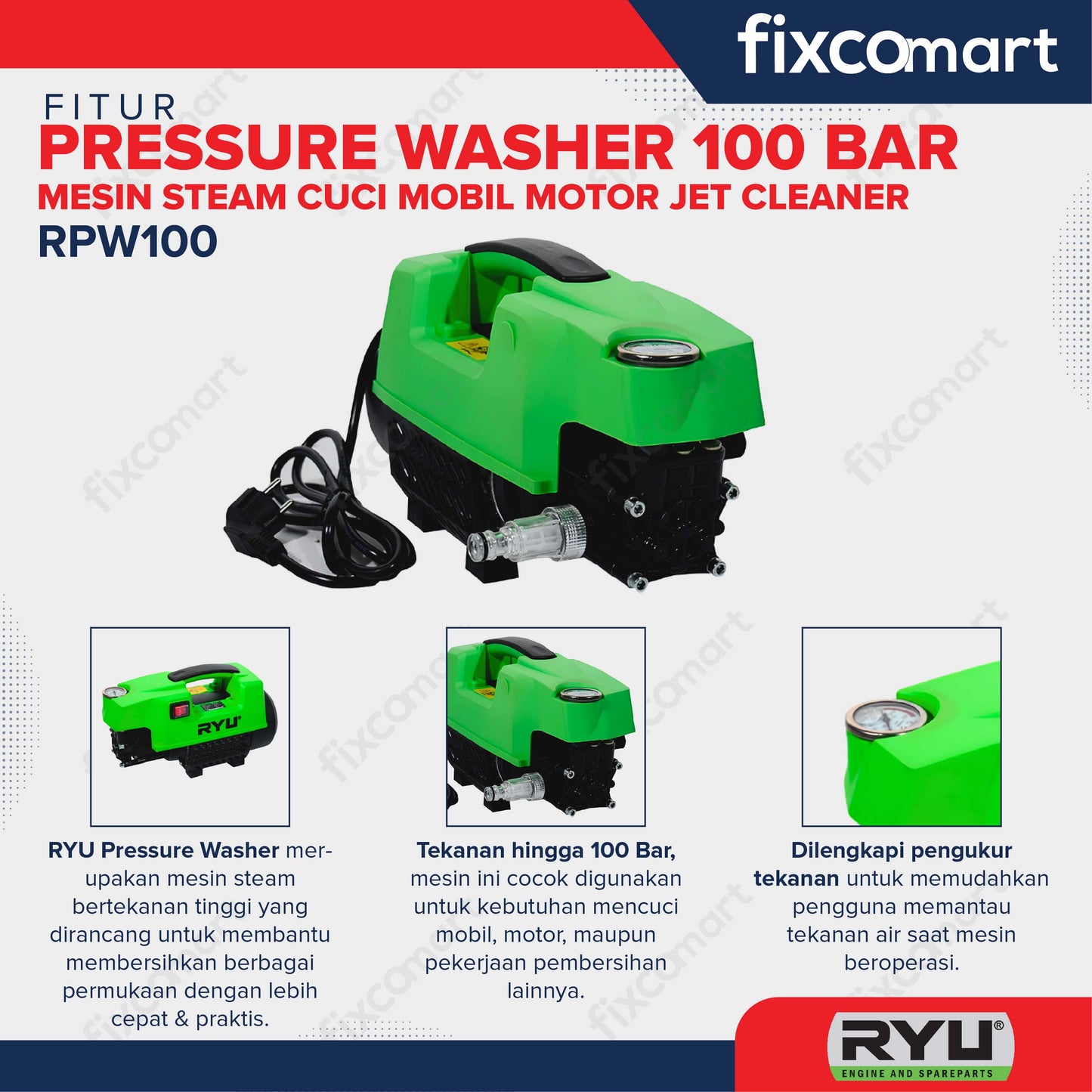 RYU Pressure Washer 100 Bar RPW100 Mesin Steam Cuci Mobil Motor Jet Cleaner