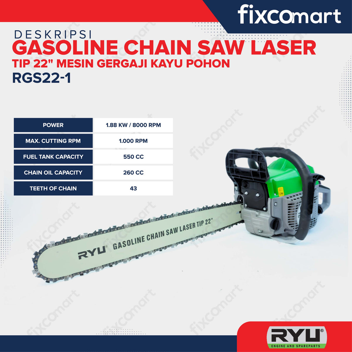 RYU Gasoline Chain Saw Laser Tip 22" Mesin Gergaji Kayu Pohon