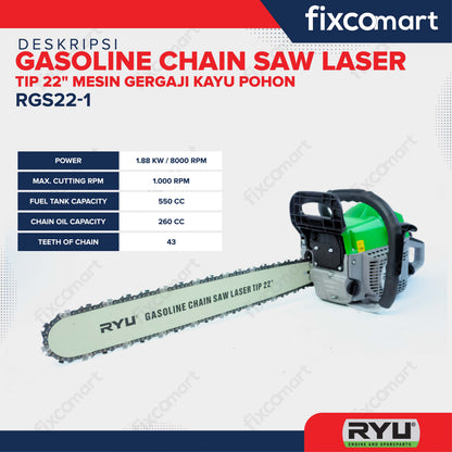 RYU Gasoline Chain Saw Laser Tip 22" Mesin Gergaji Kayu Pohon