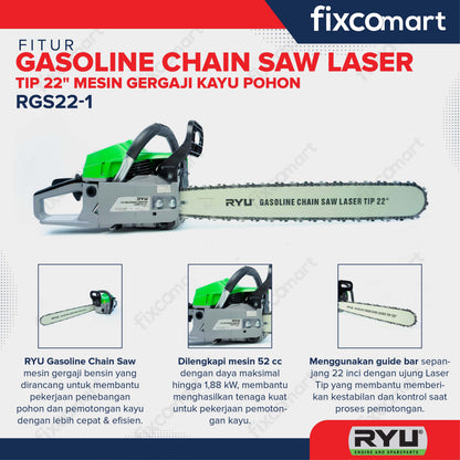 RYU Gasoline Chain Saw Laser Tip 22" Mesin Gergaji Kayu Pohon