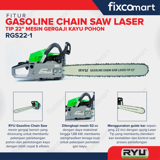 RYU Gasoline Chain Saw Laser Tip 22" Mesin Gergaji Kayu Pohon