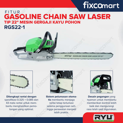 RYU Gasoline Chain Saw Laser Tip 22" Mesin Gergaji Kayu Pohon