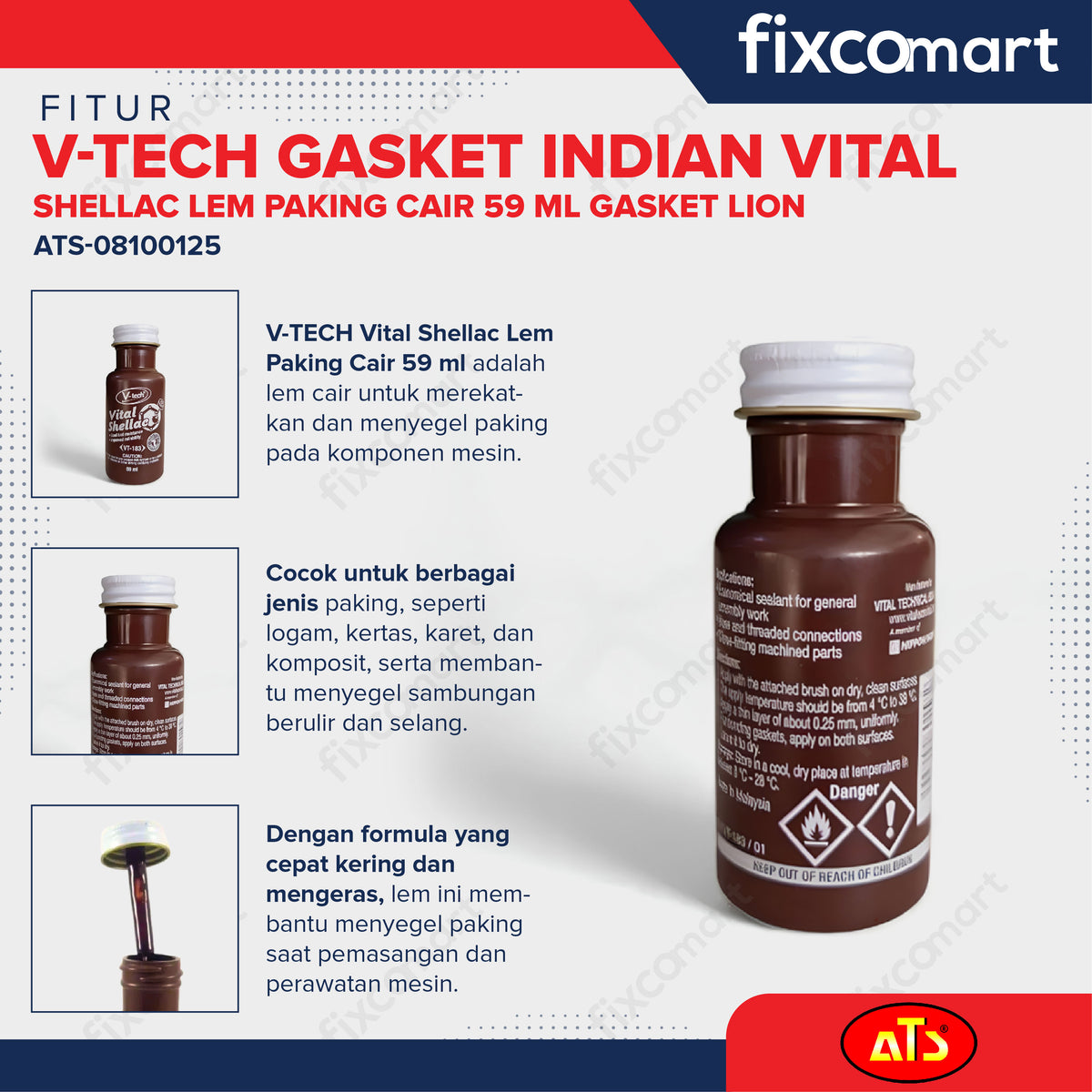 V-TECH Gasket Indian Vital Shellac Lem Paking Cair 59 ml Gasket Lion