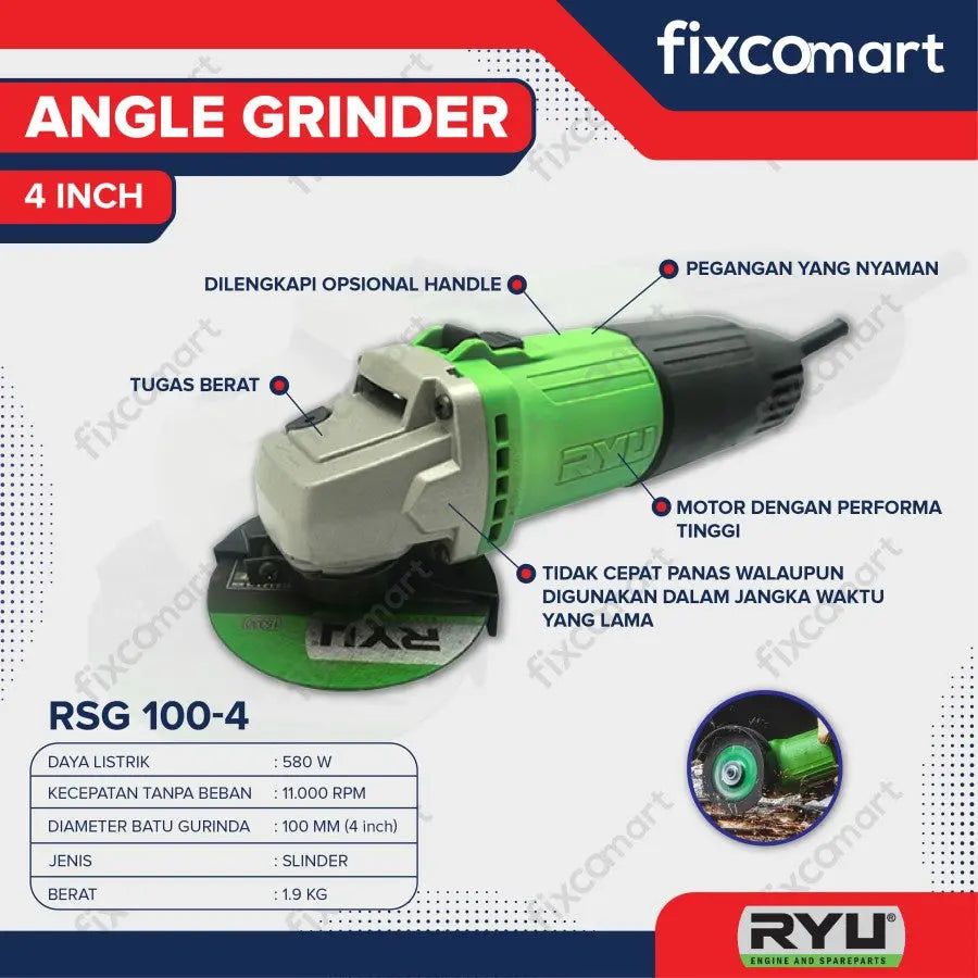 Ryu Angle Grinder / Mesin Gurinda Tangan 4 Inch Rsg 100-4 580 W FIXCOMART