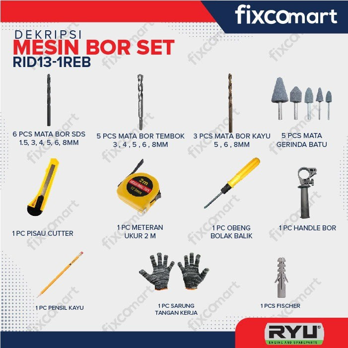 RYU Paket Ryu Mesin Bor Tembok Rid 13-1 Reb 13 Mm Dan Mesin Gurinda Tangan 4 Inch Rsg 100-3