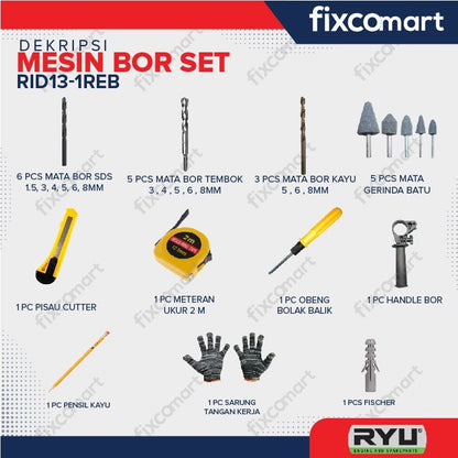 RYU Paket Ryu Mesin Bor Tembok Rid 13-1 Reb 13 Mm Dan Mesin Gurinda Tangan 4 Inch Rsg 100-3