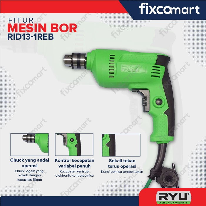 RYU Paket Ryu Mesin Bor Tembok Rid 13-1 Reb 13 Mm Dan Mesin Gurinda Tangan 4 Inch Rsg 100-3