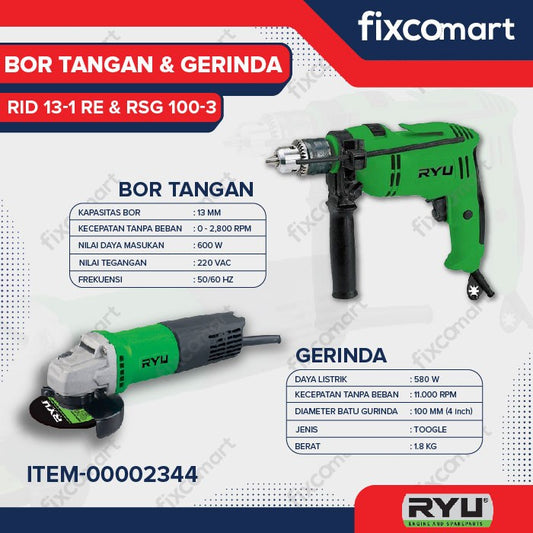 RYU Bor Tangan Tembok Ryu Rid 13-1 Re + Gerinda Ryu Rsg100-3