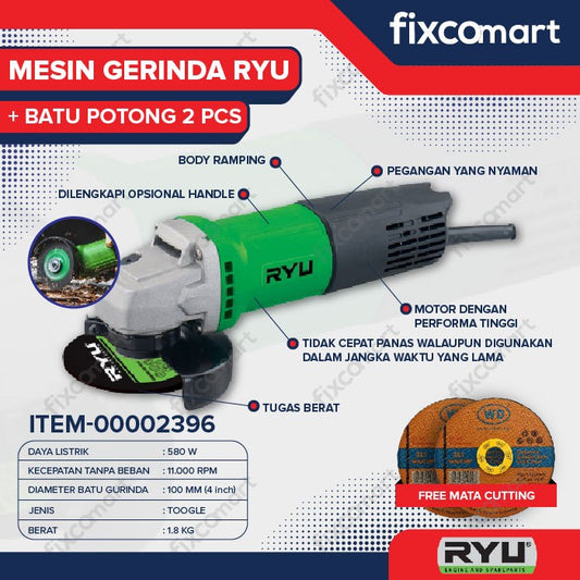RYU Grinder Rsg 100-3 / Mesin Gerinda Tangan  & Gratis 2 Pcs Of Cutting Wheels Batu Potong / Grinda