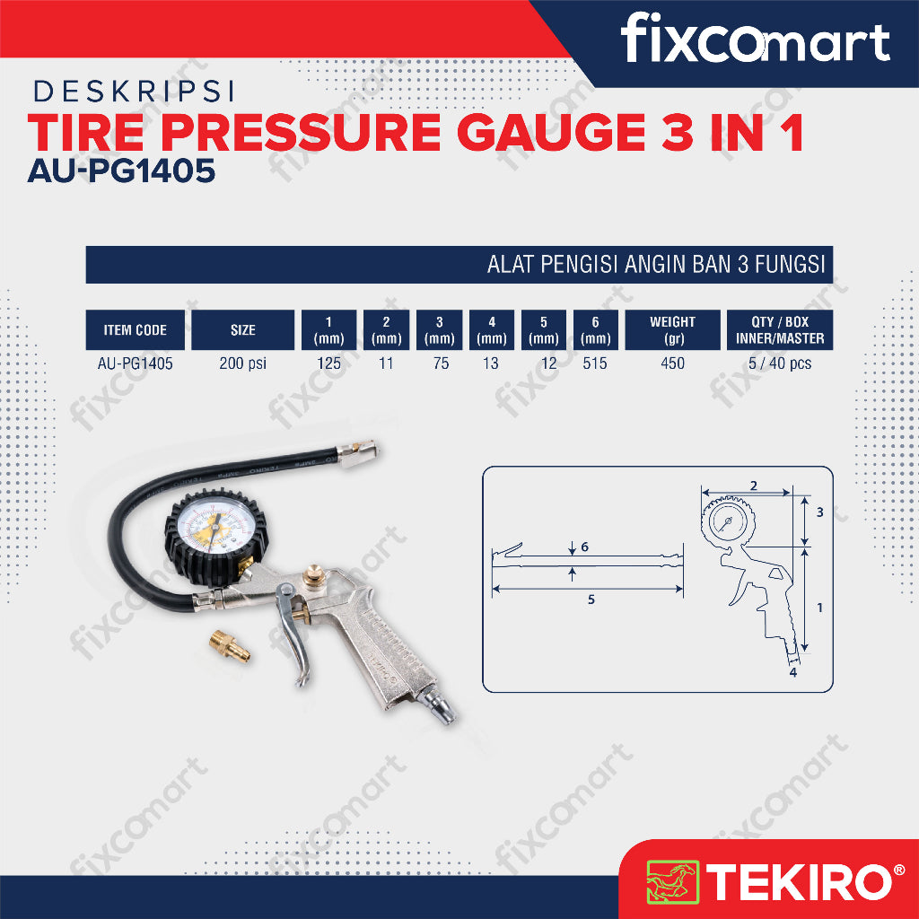 Tekiro Isi Angin 3 Fungsi 220 Psi / Tekiro Tire Pressure Gauge 3 In 1