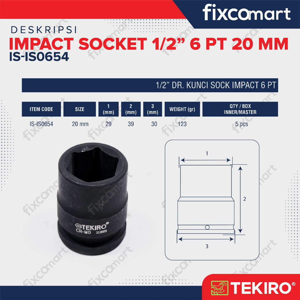 Tekiro Impact Socket 1/2 inch 6 PT 20 mm / mata sock impact