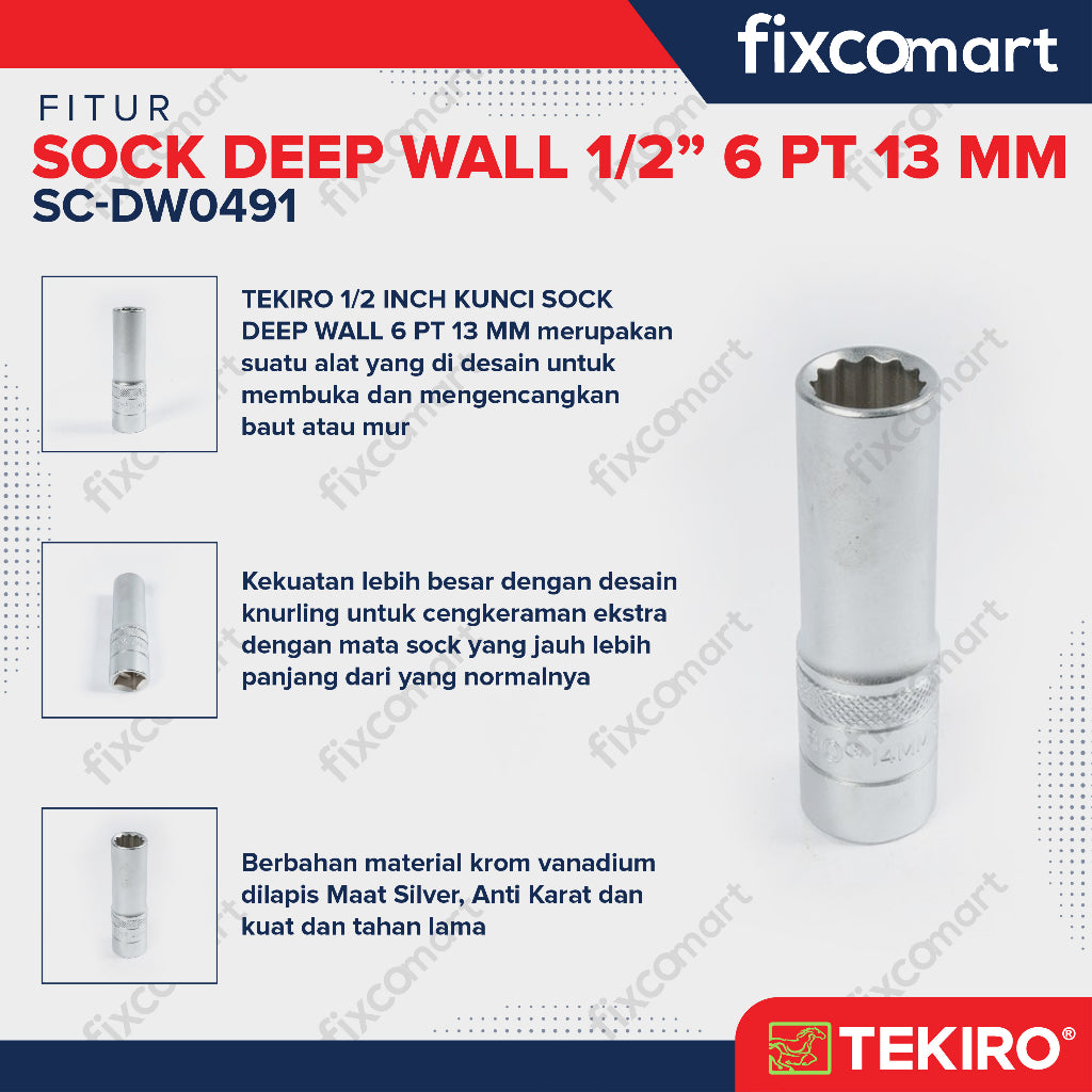 TEKIRO Sock Deep Wall / Mata Sock Panjang 1/2 Inch 6 PT - 13 mm