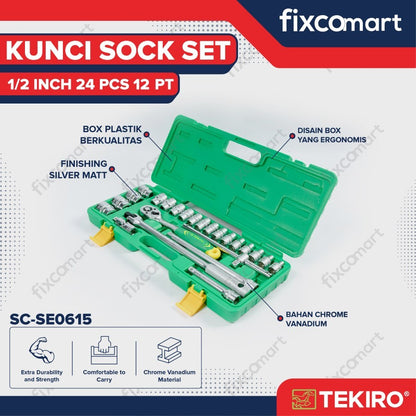 Tekiro Socket Set / Kunci Sock Set 1/2 Inch 24 Pcs MM (Metric) / INCH 6 / 12 PT Box Kaleng / Plastik