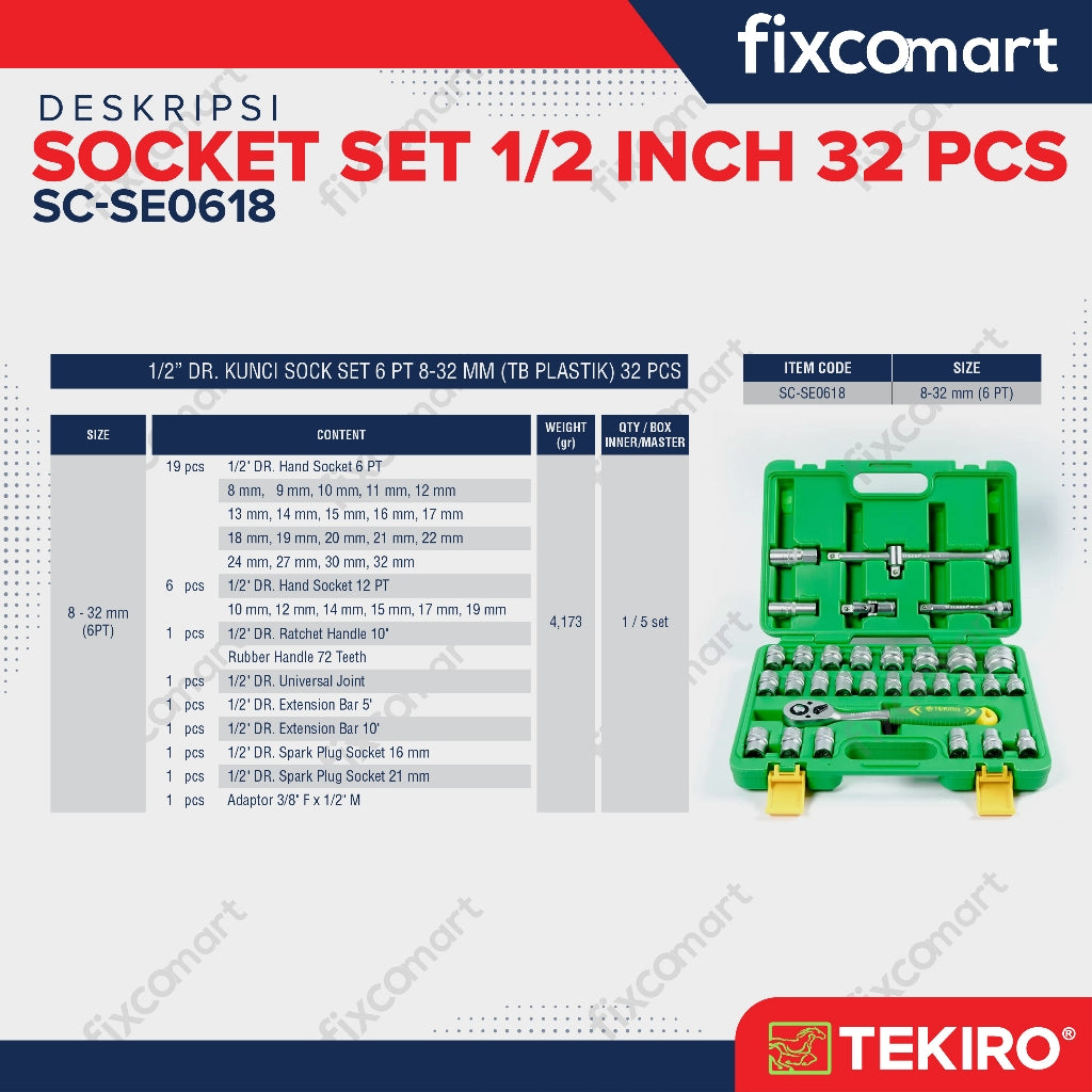 Tekiro Socket Set 1/2 Inch 32 Pcs (8-32 Mm) 6Pt / Tekiro Sock Set 32 Pcs