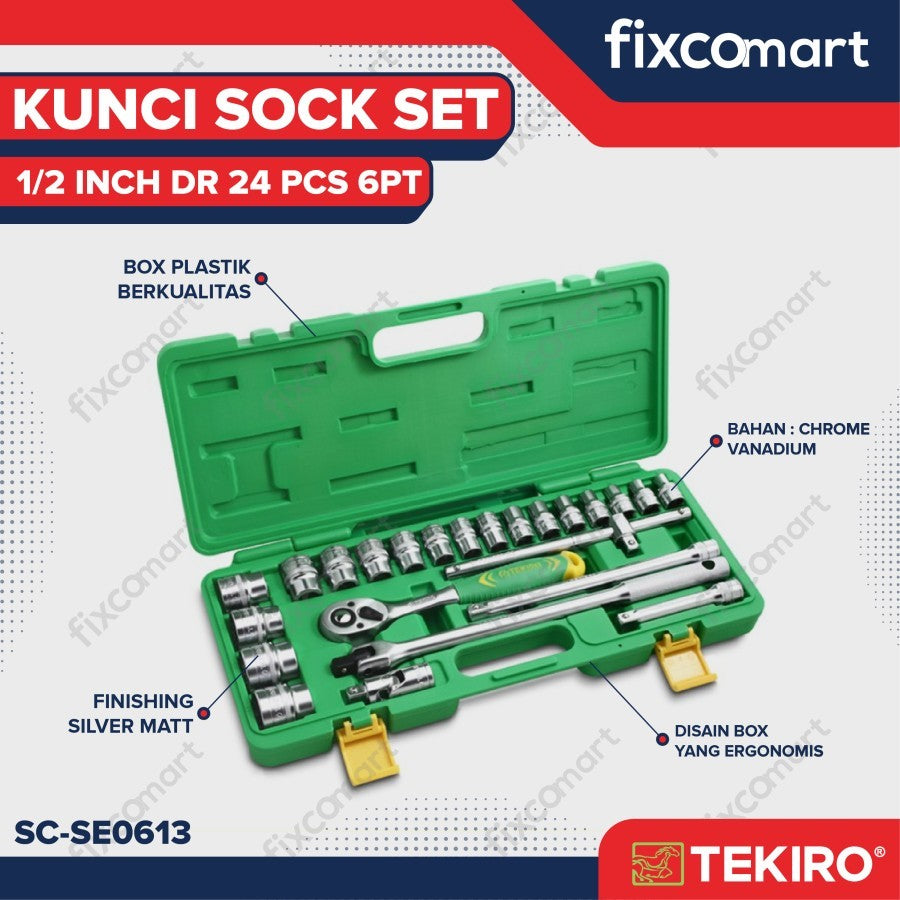 Tekiro Socket Set / Kunci Sock Set 1/2 Inch 24 Pcs MM (Metric) / INCH 6 / 12 PT Box Kaleng / Plastik