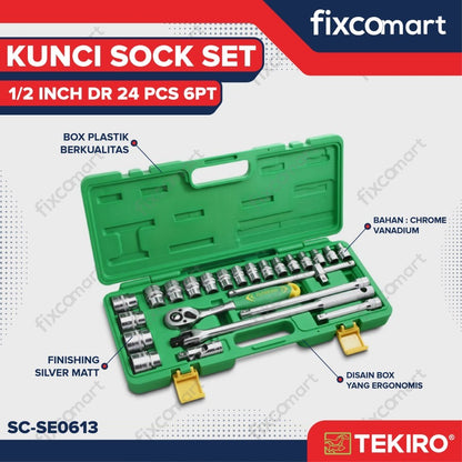 Tekiro Socket Set / Kunci Sock Set 1/2 Inch 24 Pcs MM (Metric) / INCH 6 / 12 PT Box Kaleng / Plastik